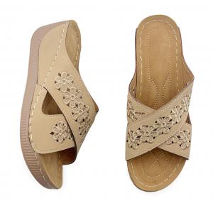 Women's Wedge Slippers with Stitched Details and Ethnic Style